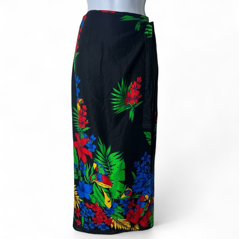 Vintage Eastwinds Parrot Floral Rayon Sarong Wrap Skirt Black Bright Tropical‎